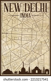 Brown vintage hand-drawn printout streets network map of the downtown NEW DELHI, INDIA with brown 3D city skyline and lettering