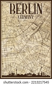 Brown vintage hand-drawn printout streets network map of the downtown BERLIN, GERMANY with brown 3D city skyline and lettering