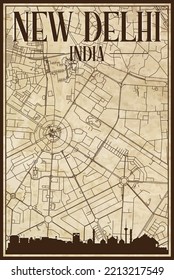 Brown vintage hand-drawn printout streets network map of the downtown NEW DELHI, INDIA with brown 3D city skyline and lettering