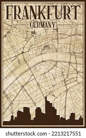 Brown vintage hand-drawn printout streets network map of the downtown FRANKFURT AM MAIN, GERMANY with brown 3D city skyline and lettering