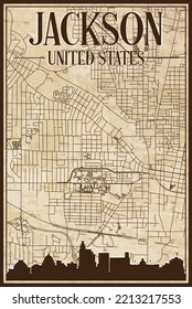 Brown vintage hand-drawn printout streets network map of the downtown JACKSON, UNITED STATES OF AMERICA with brown 3D city skyline and lettering