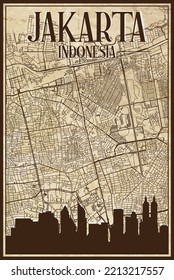 Brown vintage hand-drawn printout streets network map of the downtown JAKARTA, INDONESIA with brown 3D city skyline and lettering