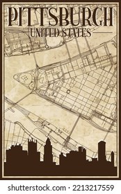 Brown vintage hand-drawn printout streets network map of the downtown PITTSBURGH, UNITED STATES OF AMERICA with brown 3D city skyline and lettering