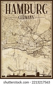 Brown vintage hand-drawn printout streets network map of the downtown HAMBURG, GERMANY with brown 3D city skyline and lettering