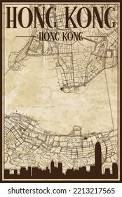 Brown vintage hand-drawn printout streets network map of the downtown HONG KONG, CHINA with brown 3D city skyline and lettering