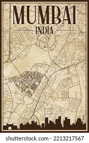 Brown vintage hand-drawn printout streets network map of the downtown MUMBAI, INDIA with brown 3D city skyline and lettering