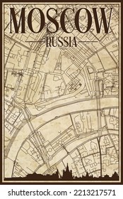 Brown vintage hand-drawn printout streets network map of the downtown MOSCOW, RUSSIAN FEDERATION with brown 3D city skyline and lettering