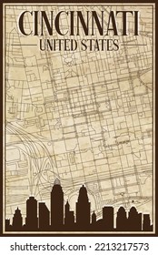 Brown vintage hand-drawn printout streets network map of the downtown CINCINNATI, UNITED STATES OF AMERICA with brown 3D city skyline and lettering