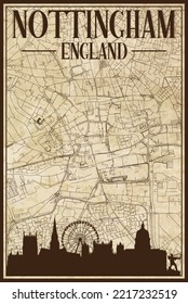 Brown vintage hand-drawn printout streets network map of the downtown NOTTINGHAM, ENGLAND with brown 3D city skyline and lettering