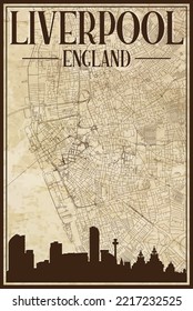 Brown vintage hand-drawn printout streets network map of the downtown LIVERPOOL, ENGLAND with brown 3D city skyline and lettering