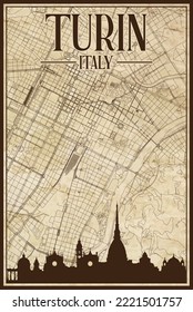 Brown vintage hand-drawn printout streets network map of the downtown TURIN, ITALY with brown highlighted city skyline and lettering