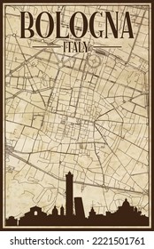 Brown vintage hand-drawn printout streets network map of the downtown BOLOGNA, ITALY with brown highlighted city skyline and lettering