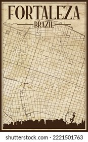 Brown vintage hand-drawn printout streets network map of the downtown FORTALEZA, BRAZIL with highlighted city skyline and lettering