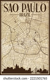 Brown vintage hand-drawn printout streets network map of the downtown SAO PAULO, BRAZIL with highlighted city skyline and lettering