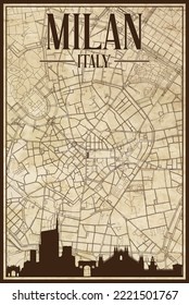 Brown vintage hand-drawn printout streets network map of the downtown MILAN, ITALY with brown highlighted city skyline and lettering