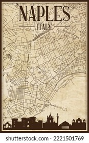 Brown vintage hand-drawn printout streets network map of the downtown NAPLES, ITALY with brown highlighted city skyline and lettering