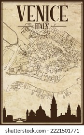 Brown vintage hand-drawn printout streets network map of the downtown VENICE, ITALY with brown highlighted city skyline and lettering