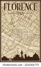 Brown vintage hand-drawn printout streets network map of the downtown FLORENCE, ITALY with brown highlighted city skyline and lettering