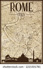 Brown vintage hand-drawn printout streets network map of the downtown ROME, ITALY with brown highlighted city skyline and lettering