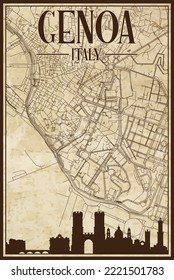 Brown vintage hand-drawn printout streets network map of the downtown GENOA, ITALY with brown highlighted city skyline and lettering