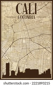 Brown vintage hand-drawn printout streets network map of the downtown CALI, COLOMBIA with highlighted city skyline and lettering