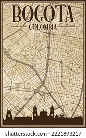 Brown vintage hand-drawn printout streets network map of the downtown BOGOTA, COLOMBIA with highlighted city skyline and lettering