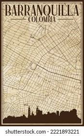 Brown vintage hand-drawn printout streets network map of the downtown BARRANQUILLA, COLOMBIA with highlighted city skyline and lettering