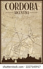 Brown vintage hand-drawn printout streets network map of the downtown CORDOBA, ARGENTINA with highlighted city skyline and lettering