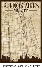 Brown vintage hand-drawn printout streets network map of the downtown BUENOS AIRES, ARGENTINA with highlighted city skyline and lettering