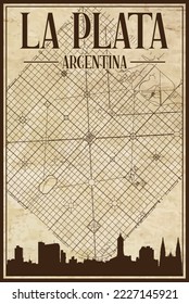 Brown vintage hand-drawn printout streets network map of the downtown LA PLATA, ARGENTINA with highlighted city skyline and lettering