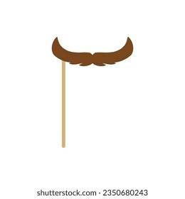 Brown vintage mustache facial hair mask. Decorative fake whisker flat elements on a stick. English, Dali moustache style. Barbershop gentleman hipster fashion. Vector illustration isolated on white