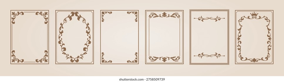 Brown vintage ornate frame vector set. fancy decorative element. Rectangle ornament border. Line floral art. Greeting cards, wedding, certificate Baroque, Damask design. Royal elegant vignette