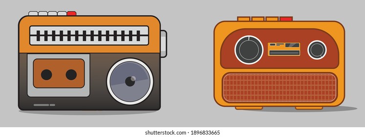 Brown vintage radio on red background. Vector illustration. Flat style.