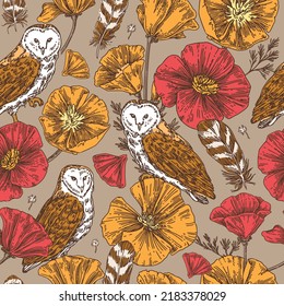 Brown vintage seamless pattern with owls and poppies. Color. Engraving style. Vector illustration.