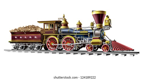 Brown vintage steam locomotive - on a white background