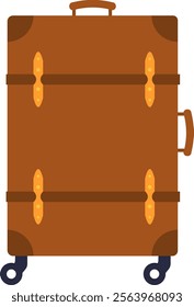 Brown vintage suitcase with leather straps, golden buckles and wheels standing up, isolated on a white background, representing travel, vacation, and old fashioned luggage