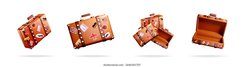 Brown vintage travel suitcase with colorful destination stickers on holiday vacation isolated on white background journey item.