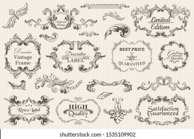 Brown vintage typographic design elements set vector illustration. Labels and badges, retro ribbons, luxury ornate logo symbols, calligraphic swirls, flourishes ornament vignettes and other