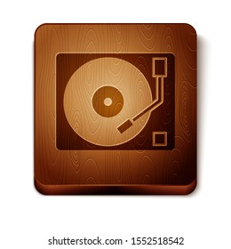 Brown Vinyl player with a vinyl disk icon isolated on white background. Wooden square button. Vector Illustration