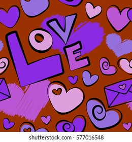Brown and violet hearts, love text and letter. Modern seamless pattern can be used for wallpaper, pattern fills, fabric, textile, gifts, wrapping paper, scrapbooking.