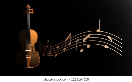 brown violin on black background with notes