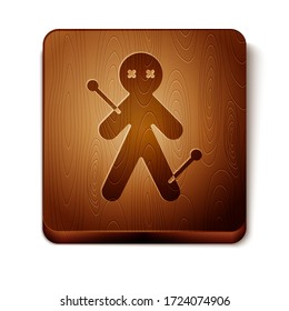 Brown Voodoo doll icon isolated on white background. Wooden square button. Vector Illustration