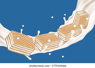 Brown wafer splashing with milk cream isolated on solid color background. Vector realistic in 3d illustration. Food concept.