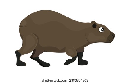 Brown walking capybara, cute cartoon character, beautiful adorable mammal. Lovely childish mascot. Rainforest logotype. Isolated on white background. Vector illustration