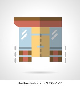 Brown wall, double door and side windows. Storefront of market. Vector icon flat color style. Web design element for site, mobile and business.
