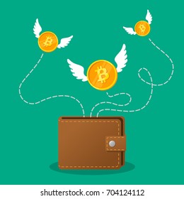 Brown wallet with bitcoin cash. Concept for business, print, web sites, magazines, online shop, finance, banks. Coins bitcoin with wings flying over purse. Lost money concept. Vector illustration