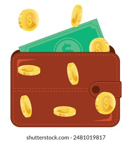 Brown Wallet with a dollar and coins