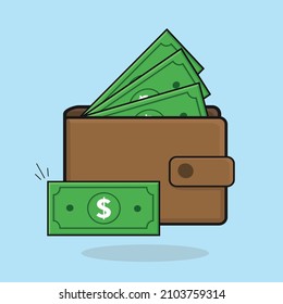 Brown wallet flat vector, brown wallet full of money, brown wallet with dollars and coins vector design illustration, golden coins, dollars, pocket,purse full of money