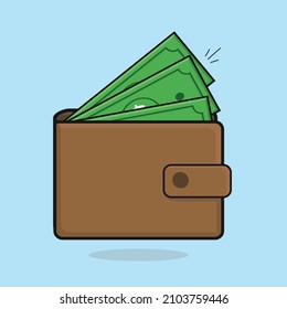 Brown wallet flat vector, brown wallet full of money, brown wallet with dollars and coins vector design illustration, golden coins, dollars, pocket,purse full of money