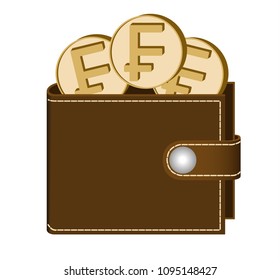 brown  wallet with franc coins on a white background , currency in the wallet,sign and symbol currency in the form of coins,design concept color 